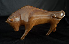 Stunning Vintage Handmade Teak Wood Bull, Retro Stylized Mid-Century picture