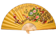 Large 64*35.5 Inch Oriental Wall Hanging Folding Fan with Plum and Peony Flower picture