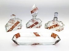 Vintage Czech Art Deco Crystal Vanity Set Dark Amber Perfume Bottles Tray Box picture