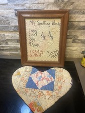 Vintage Needlework Sampler On Quilt Unsure Of Age & Quilted Heart Doily Cottage picture