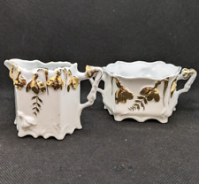 Antique RS Prussia creamer and sugar Set Snow Drop Pattern White with Gold Trim picture