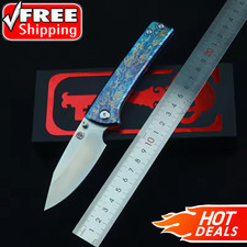 New TC4 Titanium Custom Anodized Blue Flame Pattern Handle Folding Pocket Knife picture