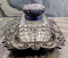 Cox Silver Plate Cut Glass Inkwell Ornate Floral Footed w/ stand Antique 1915 picture