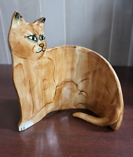 Vintage Mann Ceramic Flat Curved Cat Figurine Tan 6x 5 x 7.5