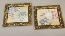 Pair Vintage 1978 Chinese Silk Paintings Flowers Birds Signed Liu Jiang Zhuowu picture