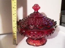 Vintage Fenton Candy Dish Hobnail Ruby Red Amberina Glass Pedestal with Lid MCM picture