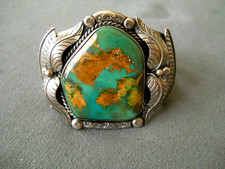 Native American Navajo Green Royston Turquoise Sterlin Silver Leaf Cuff Bracelet picture