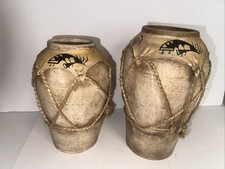 VTG Hand Painted Rustic Kokopelli Pottery Vase With Rawhide&String Wrap 10x5in. picture