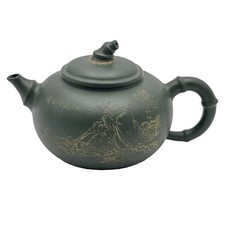 Vintage Chinese Yixing Zisha Green Clay Teapot Bamboo Handle Scholar Engraving picture