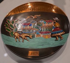 Vintage Peruvian Copper Plate Handcrafted Wall Art Andean Folk Scene Peru Alpaca picture