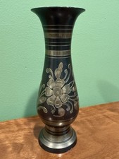Vintage Indian Black Enamel Brass Bud Vase Etched Floral Design Made In India picture