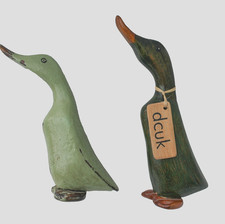 Pair Vintage DCUK Wooden Ducks Hand Carved Painted Ornaments One Named Agnes picture