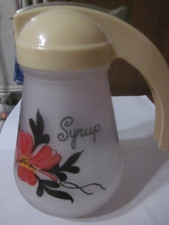 VTG HAZEL ATLAS FROSTED GLASS SYRUP Dispenser W/Handpainted Floral Design & Lid picture