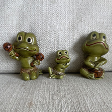 Porcelain Frog Figurines Set of 3 - Hula & Drummer, Green Accents picture