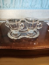 Vintage Fostoria Bouquet Clear Glass Sugar Bowl and Creamer With Tray picture
