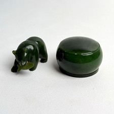 Vintage Canadian Nephrite Jade Bear Figurine Holding Fish Lidded Trinket Box Set picture