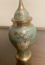Vintage Enameled Brass Ginger Jar Vase Urn Rose And Lilly picture