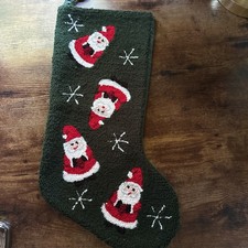 Vintage Hooked Santa Christmas Stocking Green Velvet Back 20” picture