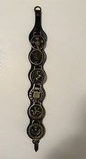 Vintage English Horse Brass Leather Strap 6 Medallions Equestrian Wall Hanging picture