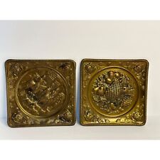 VTG Brass Wall Plaques Set of 2 Embossed Decorative Plates Floral & Hunter Scene picture