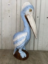 BLUE WASH PELICAN ON PILING HAND CARVED WOOD TROPICAL SCULPTURE BIRD DECOR picture