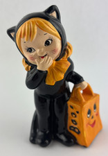 Vintage Lefton Halloween Girl in Black Cat Costume with Trick or Treat Bag READ picture