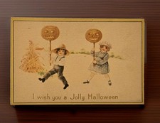 Scarce Gibson Halloween Postcard Children W/JOL Lanterns on Sticks Unused C.1907 picture