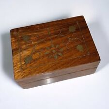 Vintage Small Wooden Trinket Box Floral Brass Design on Lid Rectangle India picture