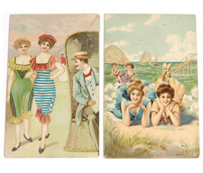 c1910 Lot 2 Bathing Beauties Beach Postcards, Angry Message for Board Day, Embos picture