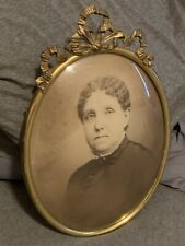 Antique Victorian Oval Brass Metal Convex Bubble Glass Portrait Girl 16x11 NY picture