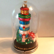 Lighthouse Ornament Hand Blown Glass under Dome picture