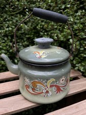 VTG Berggren Enamelware Kettle Teapot Scandinavian Rosemaling Folk Art Green picture