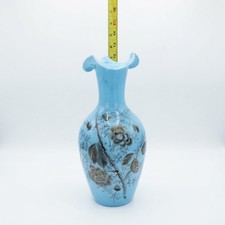 HAND PAINTED FLOWER LEAF BLUE OPALINE BRISTOL STYLE GLASS CRIMPED RUFFLE VASE picture