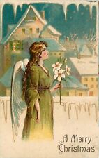 Embossed Merry Christmas Postcard Angel Woman With Flowers  Under Icicles picture