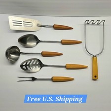 Androck Lot of 6 Vtg Bakelite Butterscotch Stainless Steel Utensil Set Slotted  picture