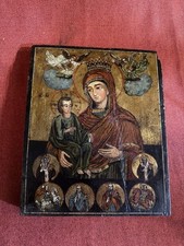 Antique 18-19thC Russian Greek? Orthodox Icon Virgin Mary With Christ And Saints picture