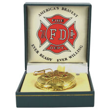Men's Solid Brass Fire Department Pocket Watch Ornate FD Open Face w/ Mens Chain picture