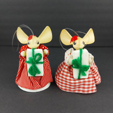 Vintage Christmas Red Dress Mouse Mice Hanging Holiday Ornaments Big Ears - 2 pc picture