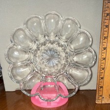 Clear Pressed Glass Round Divided Tray Starburst Scalloped Edge 11in 12 Comp picture