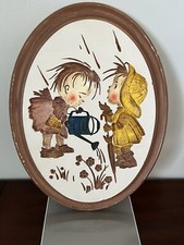 Plaster “Wood” Carved Wall Hanging- Children Gardening - Vintage Cottage Core picture