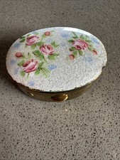 Vintage White Guilloche Enamel Pink Roses Flowers Brass Pill Trinket Ring Box picture