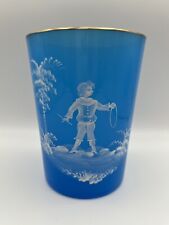 Mary Gregory Hand Painted 7” Blue Glass Vase with Gold Rim ~ Western Germany picture