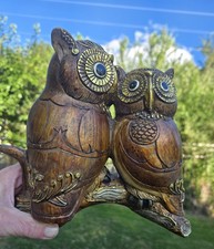 MCM Solid Hand Carved Wooden Double Owl Sculpture Gold & Mirror Embellished Boho picture