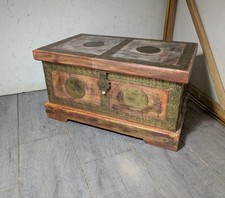 Vintage Indian Asian Boho Chic Ornate Brass Wood Chest Trunk Storage Dowry Box picture