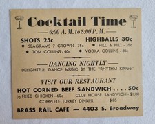 Vintage Advertisement Brass Rail Cafe 4403 S. Broadway Rhythm Kings Unknown Year picture