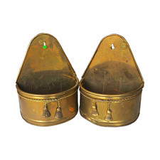Vintage Hosley Solid Brass Wall Pocket Planters Tassel Rope Pair Made In India picture