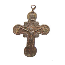 Antique Orthodox Bronze Cross Pendant 19th Century Russian Crucifix Enamel Trace picture