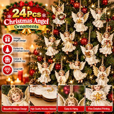 24x Vintage Wooden Christmas Ornaments Angel Flat 2D Tree Hanging Pendant Decor picture