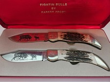 Parker Frost Fightin Bulls Pit Bull 2 Knife Set Japan Bone Stag Case No 604 picture