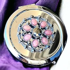 Vintage Jeweled Pink Rhinestone Compact Double Mirror Case Purse Silver Tone    picture